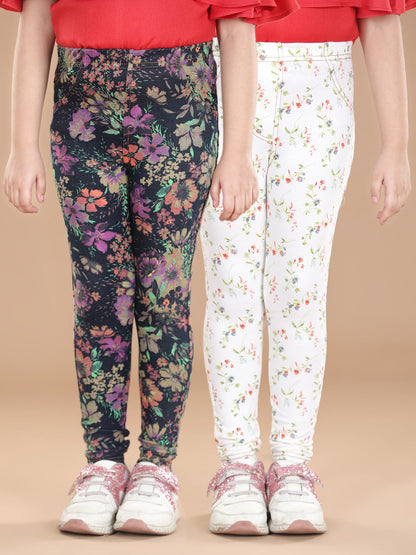 Girl's  Cotton Floral Printed Pack Of 2 Jeggings - S