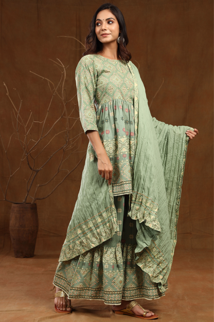 Women's Cambric Printed Flared Tunic Sharara Dupatta Set