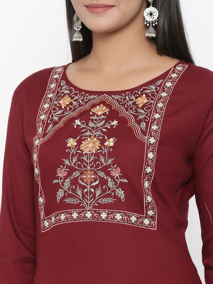Women's Maroon Embroidered Kurta