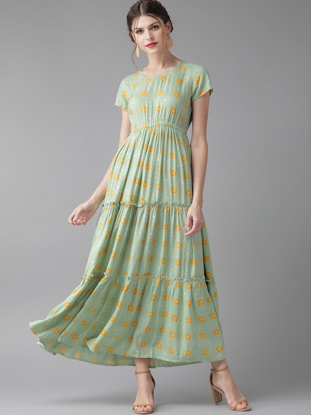 Women's  Green & Mustard Yellow Printed Tiered Maxi Dress
