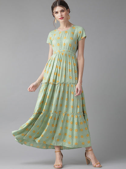 Women's  Green & Mustard Yellow Printed Tiered Maxi Dress