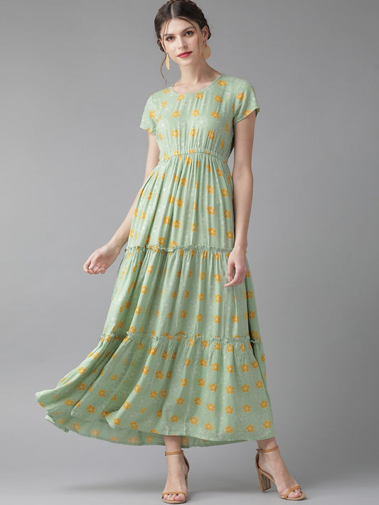 Women's  Green & Mustard Yellow Printed Tiered Maxi Dress