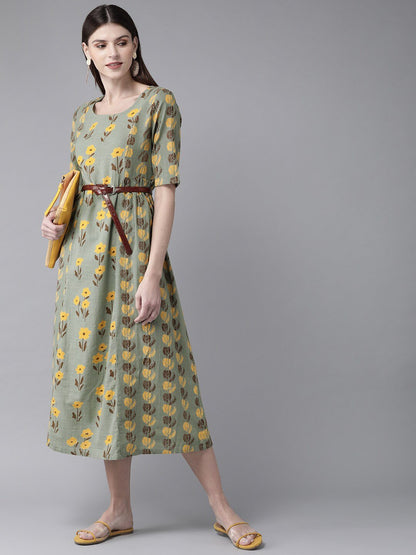 Women's  Green & Yellow Printed A-Line Dress