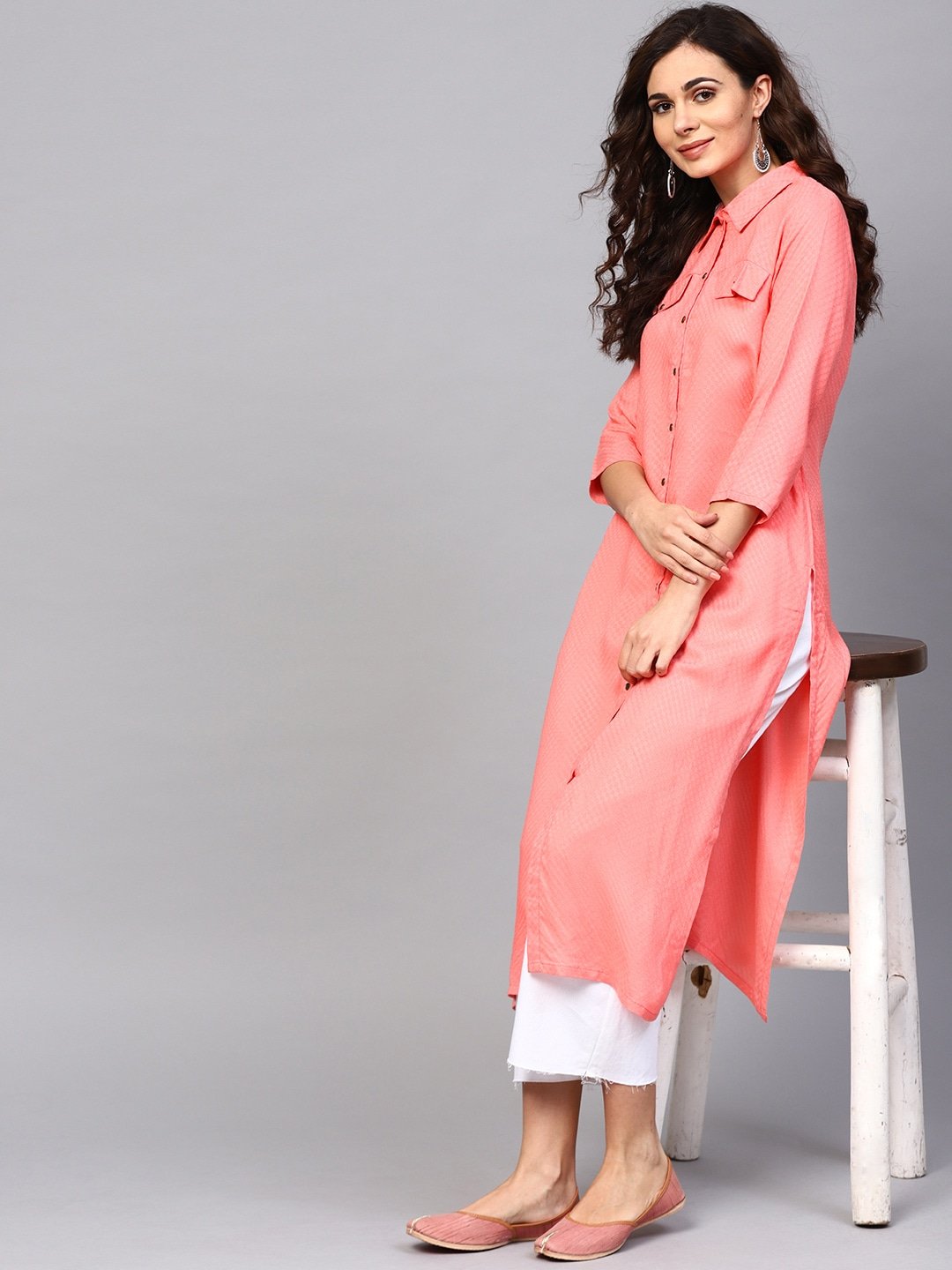 Women's  Peach-Coloured Woven Design Pathani Kurta
