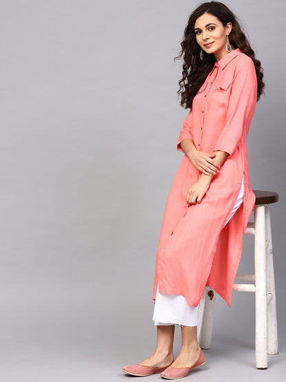 Women's  Peach-Coloured Woven Design Pathani Kurta
