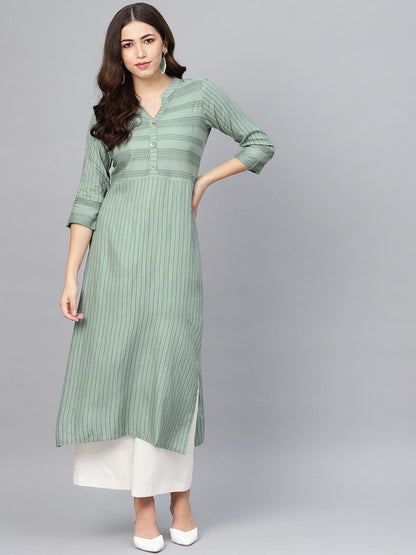 Women's Green Striped Straight Kurta