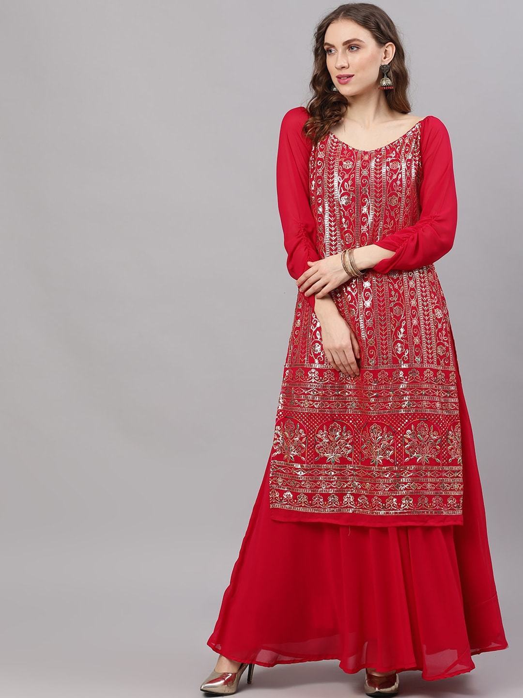 Women's  Maroon Sequence Work With Solid Flared Skirt