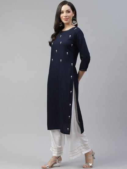 Women's Navy Blue Embroidered Kurta