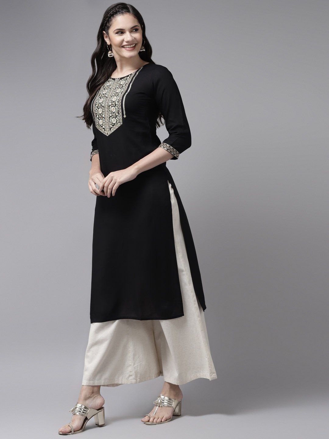 Women's Black Ethnic Motifs Yoke Design Kurta