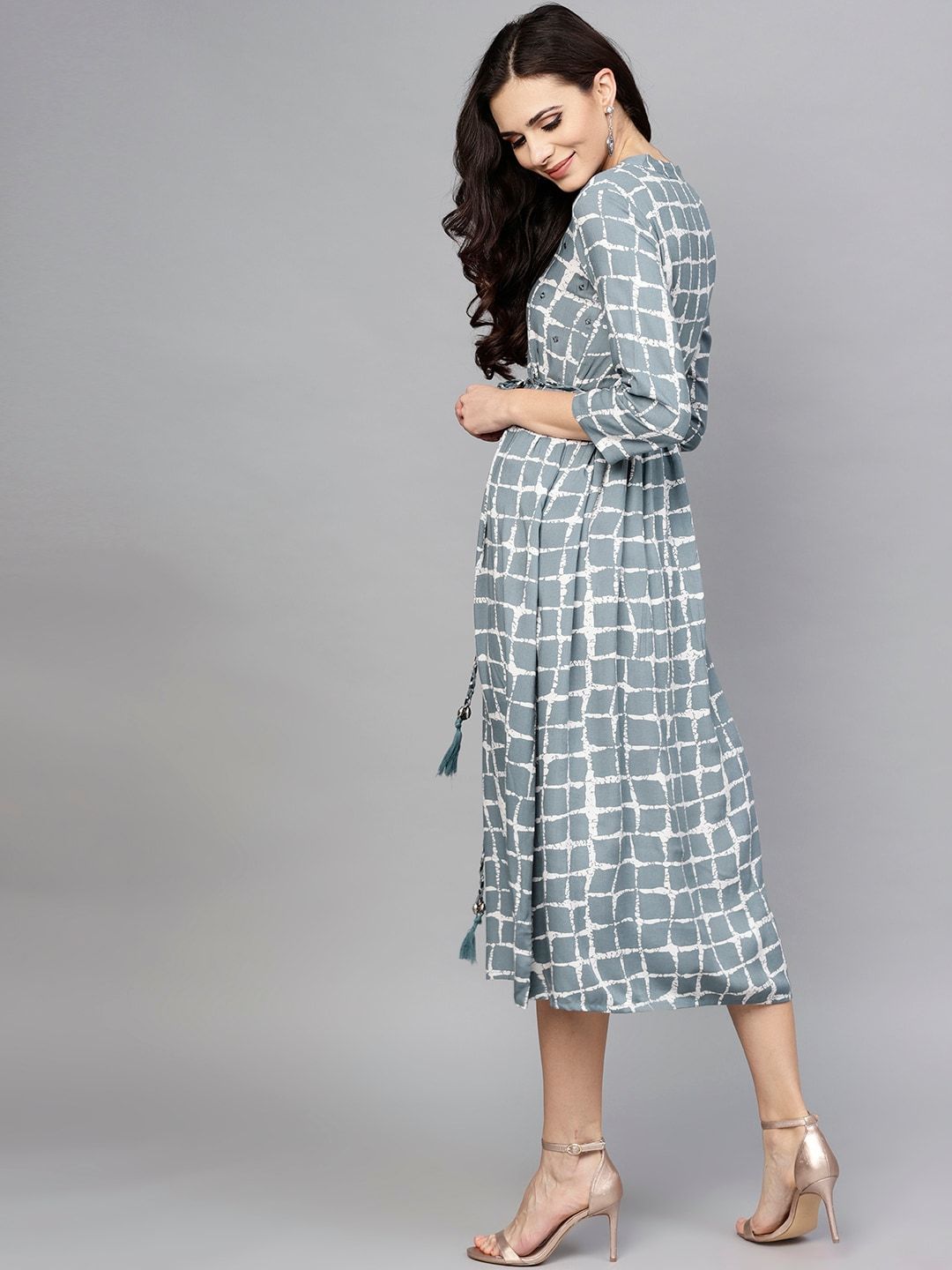 Women's  Grey Checked Midi Fit & Flare Dress