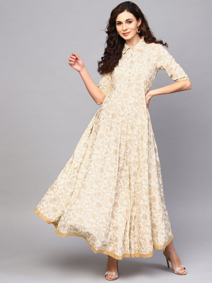 Women's  Off-White & Golden Printed Maxi Dress