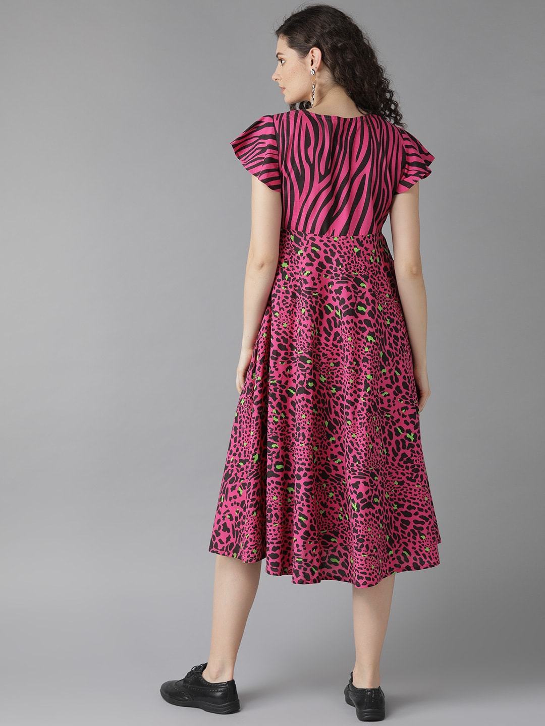 Women's  Pink & Black Animal Printed Fit and Flare Dress