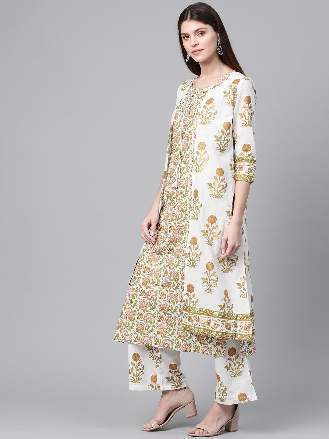 Women's  White & Olive Green Foil Printed Kurta with Palazzos & Ethnic Jacket