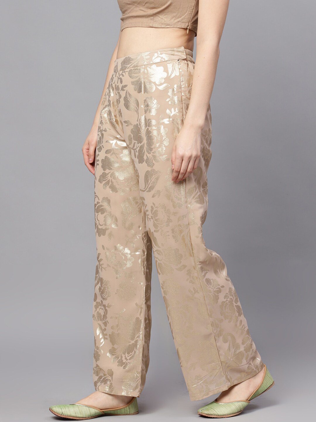 Women's  Beige & Gold-Toned Self Design Wide Leg Palazzos