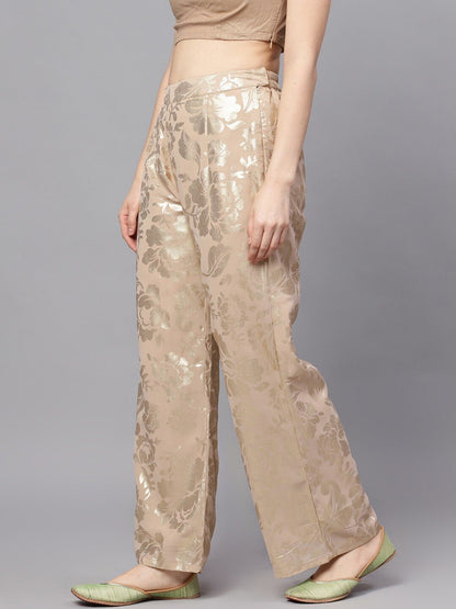 Women's  Beige & Gold-Toned Self Design Wide Leg Palazzos