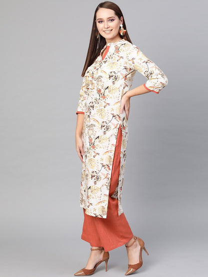 Women's  Off-White & Rust Orange Printed Kurta with Palazzos
