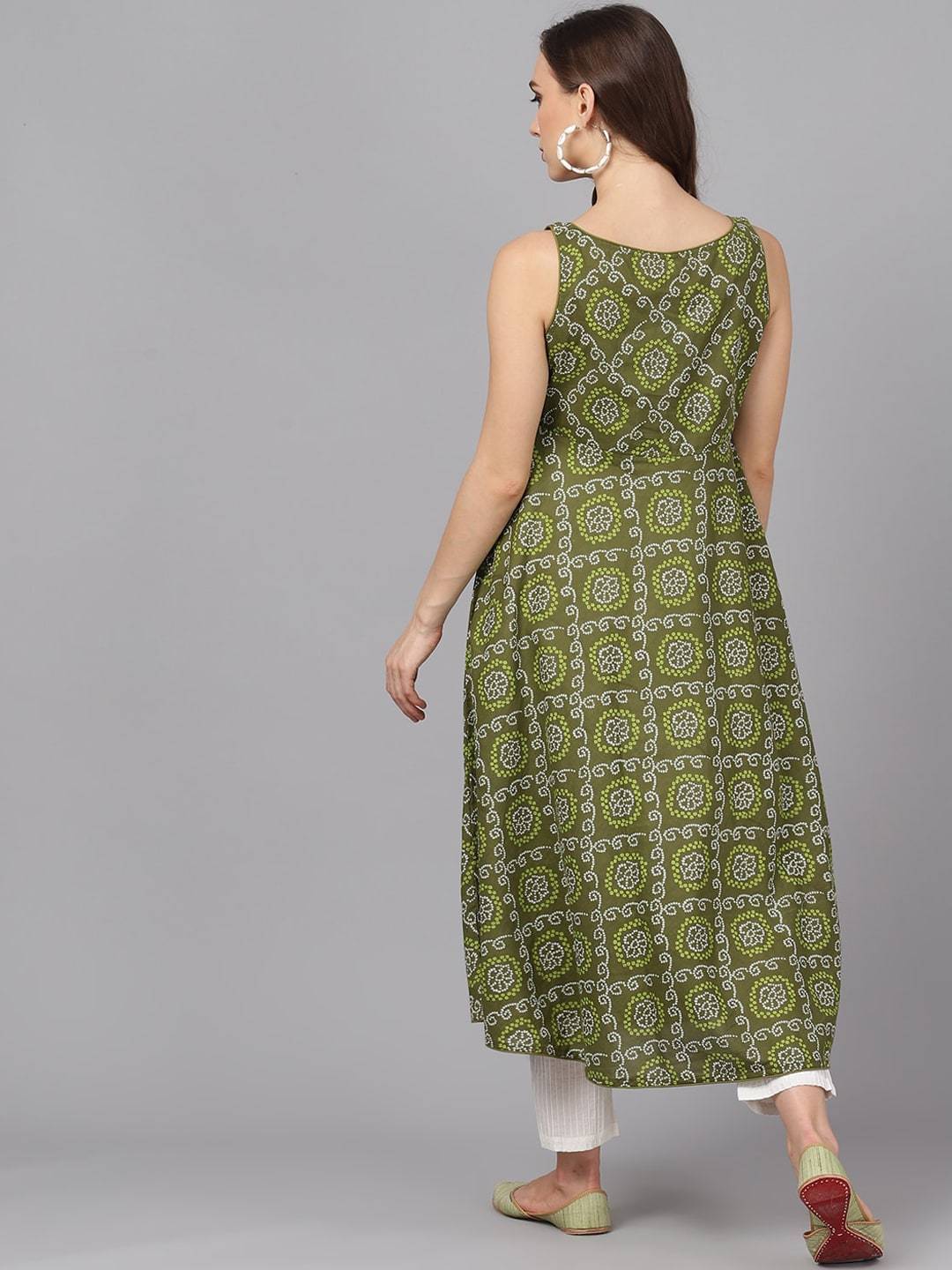 Women's  Olive Green & White Printed Anarkali Kurta