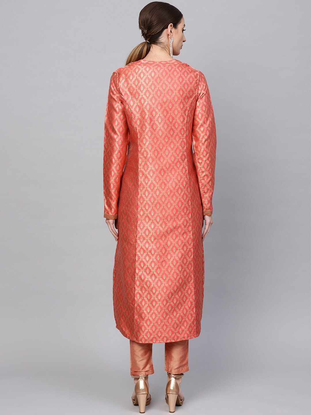 Women's  Pink & Golden Self Design Reversible Longline Open Front Jacket
