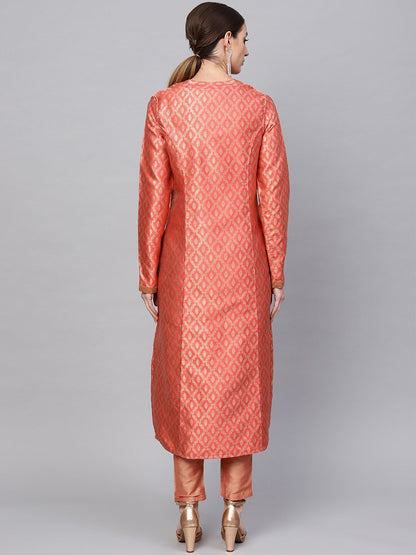 Women's  Pink & Golden Self Design Reversible Longline Open Front Jacket