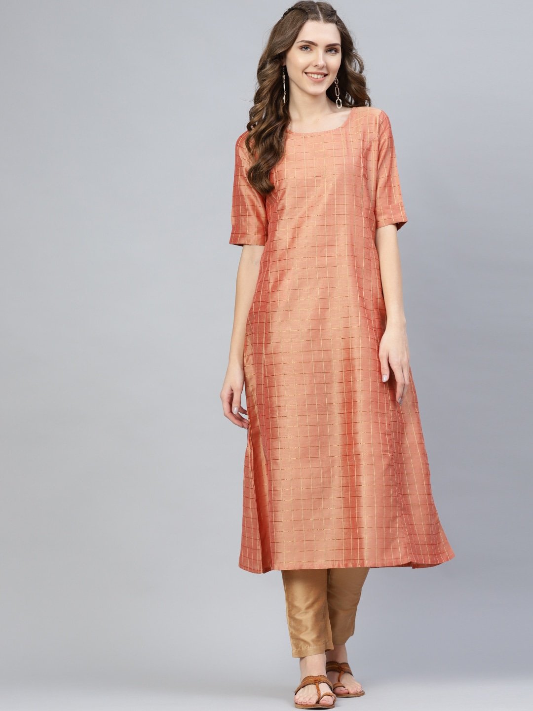 Women's  Peach-Coloured & Golden Checked A-Line Kurta