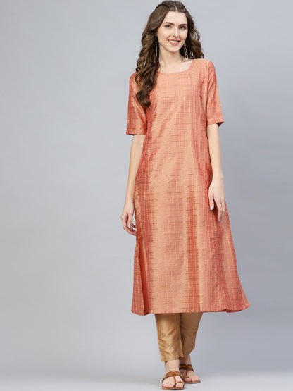 Women's  Peach-Coloured & Golden Checked A-Line Kurta