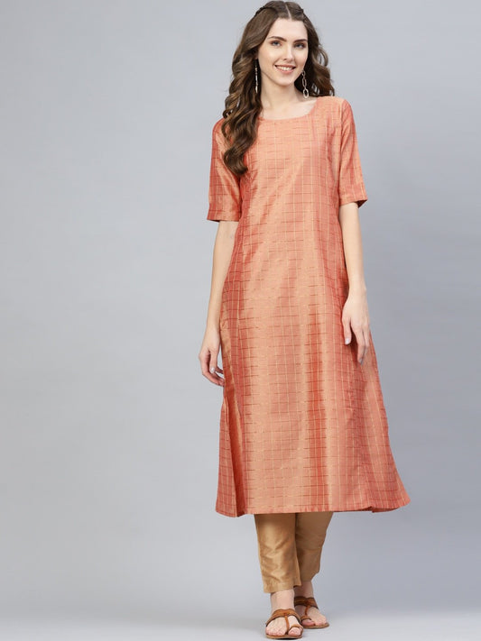 Women's  Peach-Coloured & Golden Checked A-Line Kurta