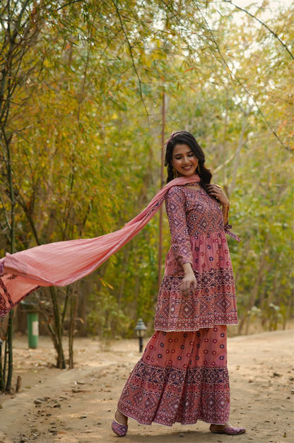 Women's Cambric Printed Flared Tunic Sharara Dupatta Set