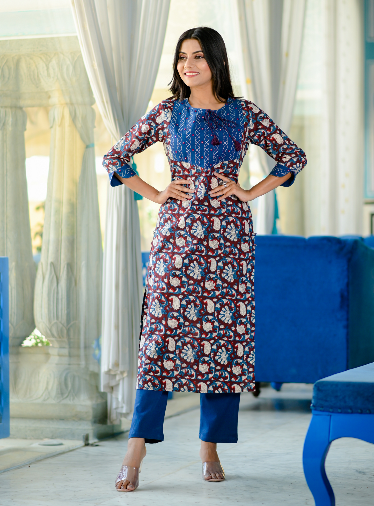 Women's Blue Handblock Kurta Set