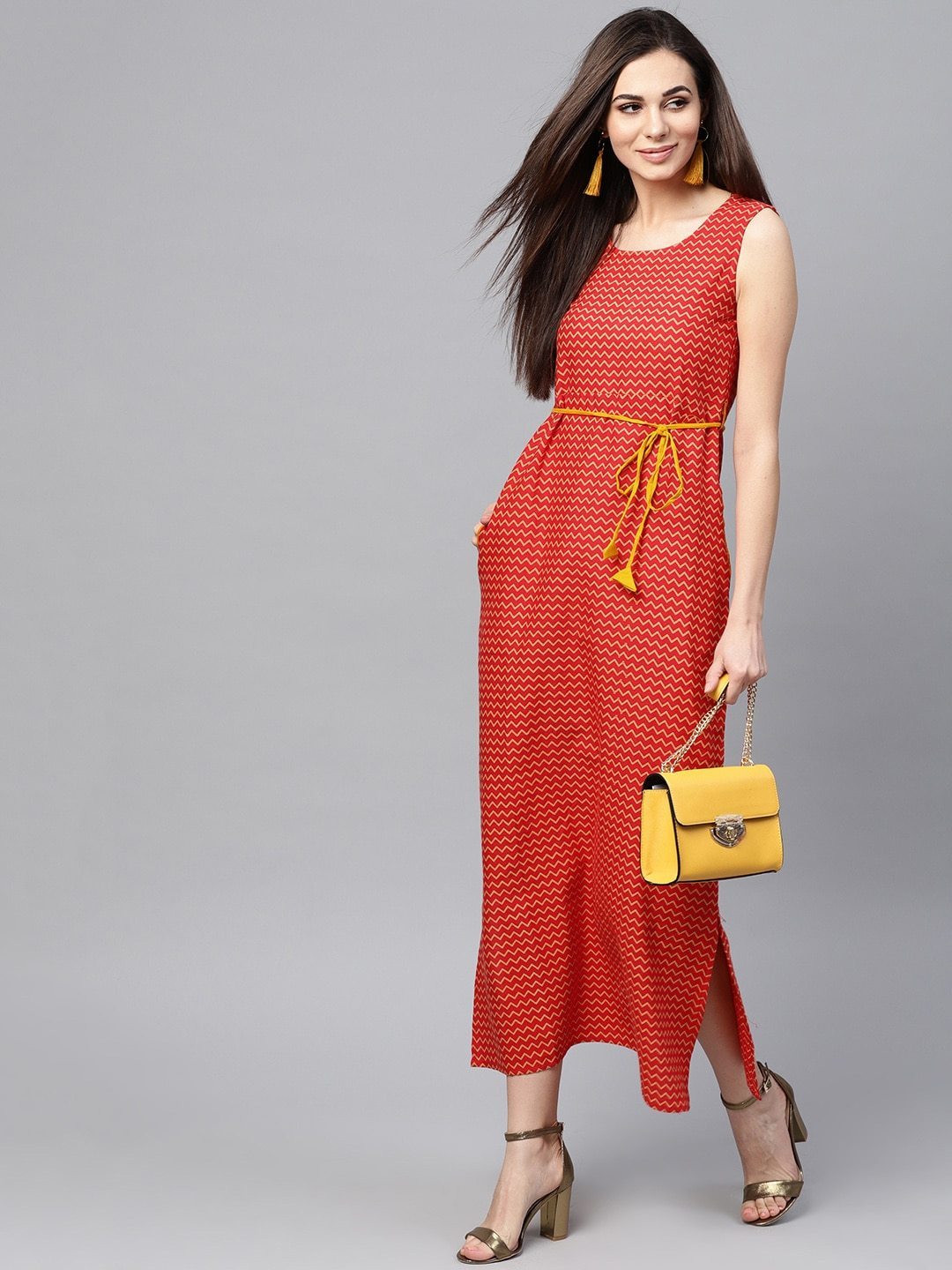 Women's  Red & Mustard Yellow Maxi Dress
