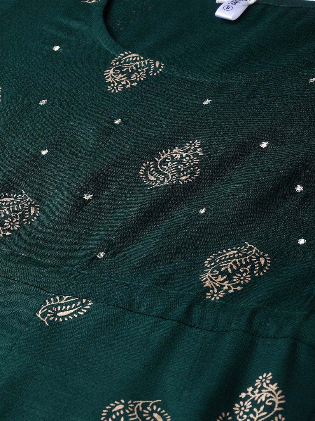 Women's  Green & Golden Screen Print A-Line Kurta