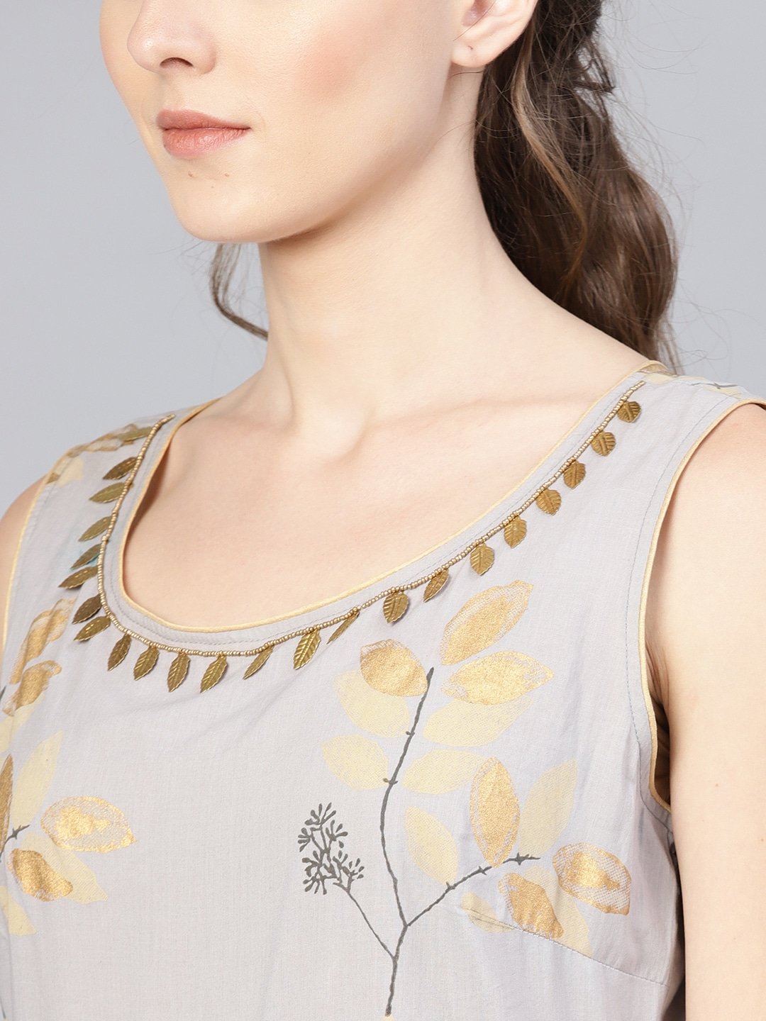 Women's  Grey & Golden Printed Basic Jumpsuit