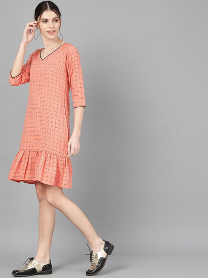 Women's  Peach-Coloured Checked Drop-Waist Dress