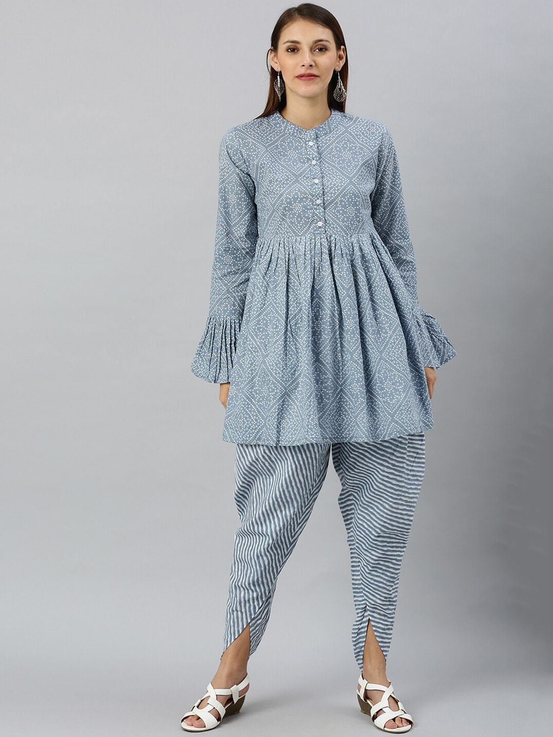 Women's  Blue & White Bandhani Printed Kurta with Dhoti Pants