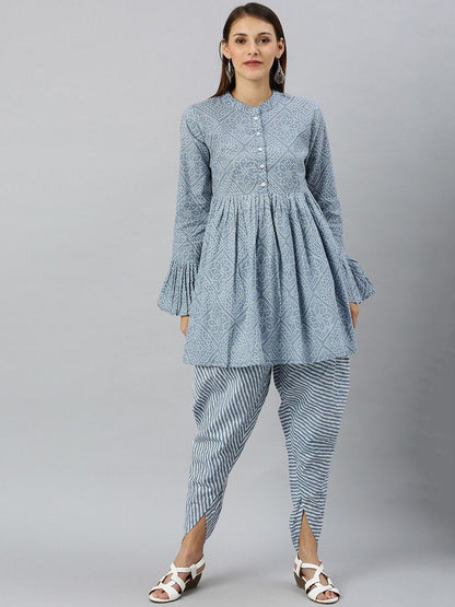 Women's  Blue & White Bandhani Printed Kurta with Dhoti Pants