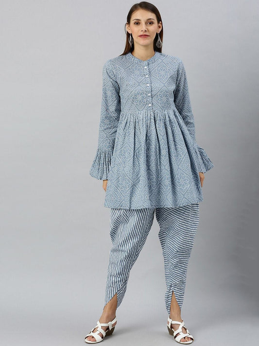 Women's  Blue & White Bandhani Printed Kurta with Dhoti Pants