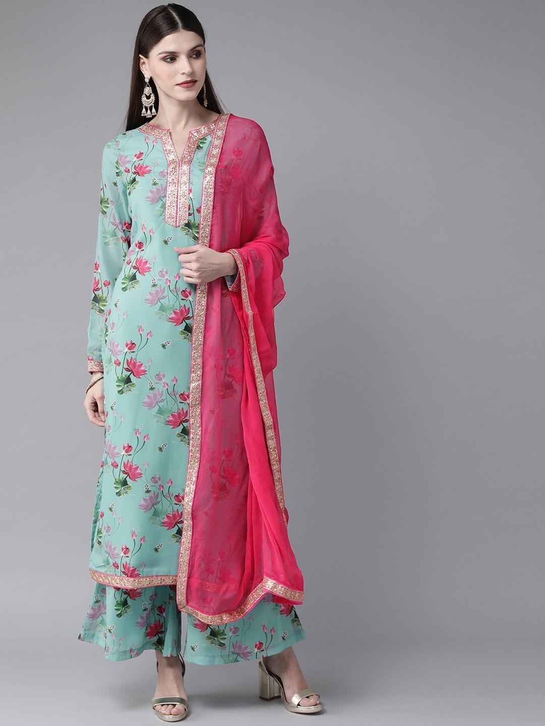 Women's  Blue & Pink Printed Kurta with Palazzos & Dupatta
