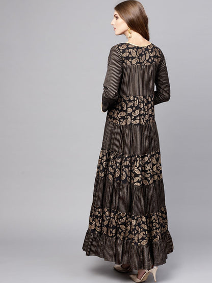 Women's  Black & Golden Printed Tiered Anarkali Kurta