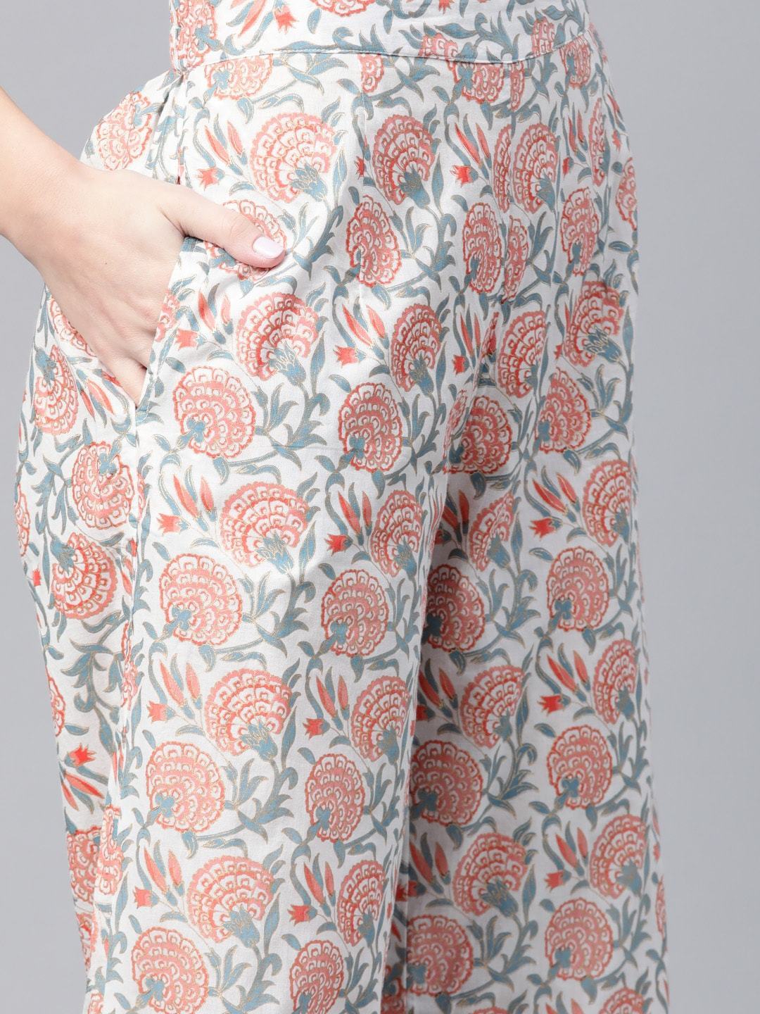 Women's  White & Pink Floral Foil Print Kurta with Palazzos