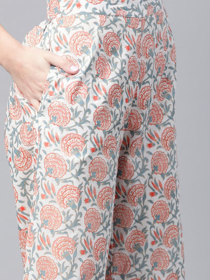 Women's  White & Pink Floral Foil Print Kurta with Palazzos