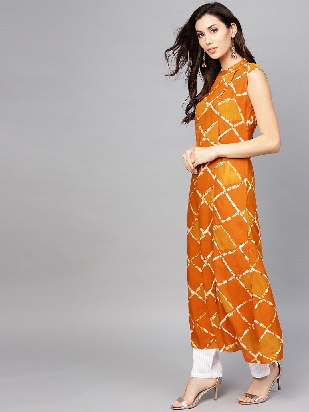 Women's  Orange & Mustard Yellow Checked Straight Kurta