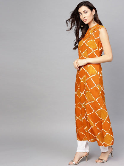 Women's  Orange & Mustard Yellow Checked Straight Kurta