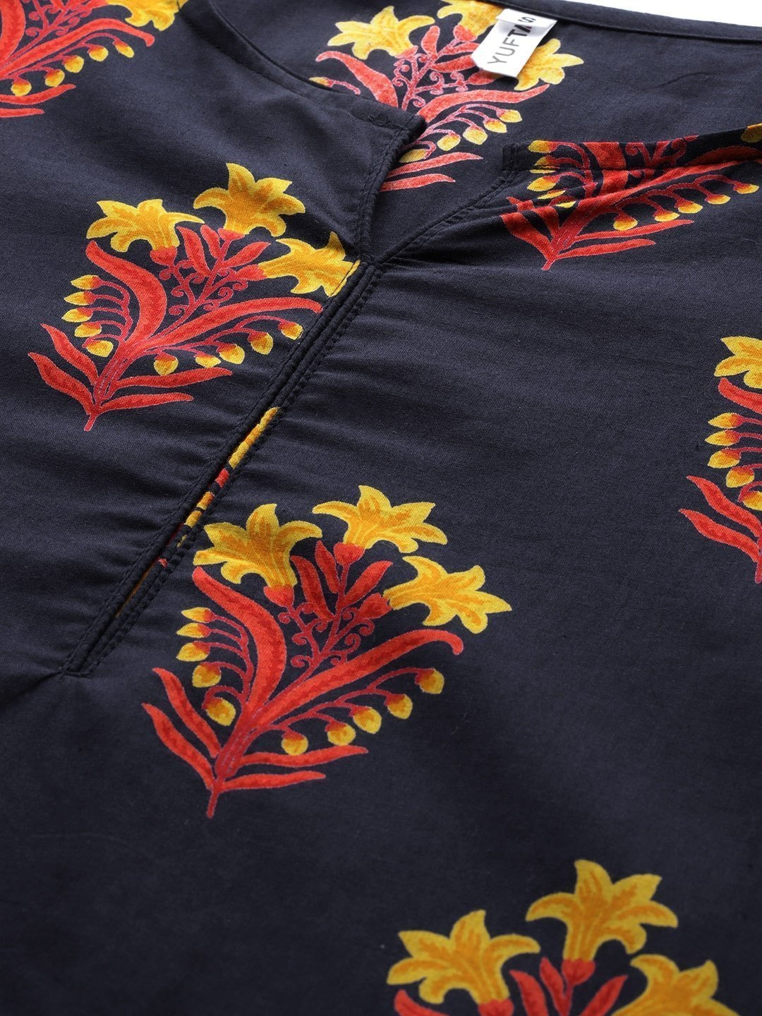 Women's Navy Blue & Mustard Kurta Set