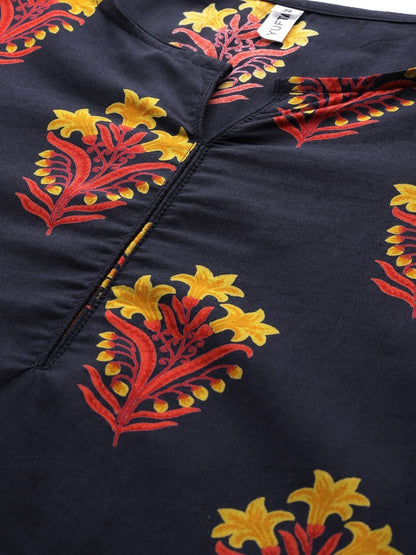 Women's Navy Blue & Mustard Kurta Set