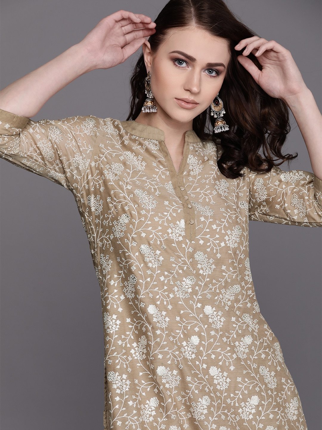 Women's  Beige & White Printed Kurta with Palazzos