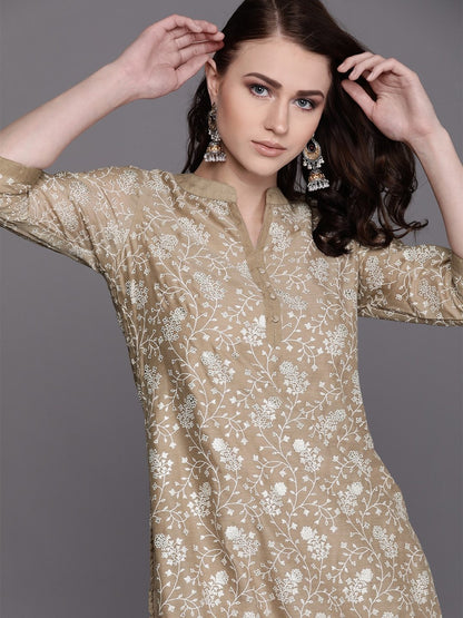 Women's  Beige & White Printed Kurta with Palazzos