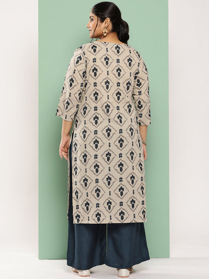 Women's Beige & Navy Blue Printed Cotton Kurta With Palazzos Set