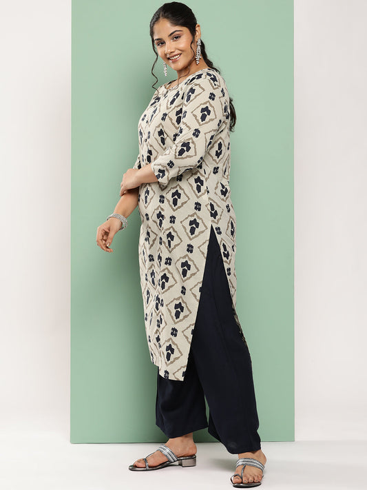 Women's Beige & Navy Blue Printed Cotton Kurta With Palazzos & Dupatta