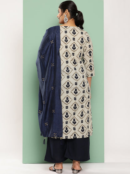 Women's Beige & Navy Blue Printed Cotton Kurta With Palazzos & Dupatta