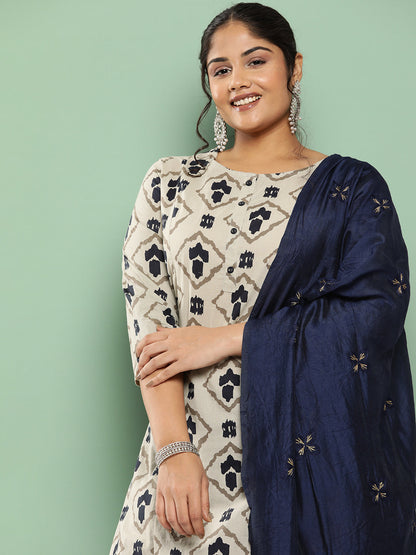 Women's Beige & Navy Blue Printed Cotton Kurta With Palazzos & Dupatta