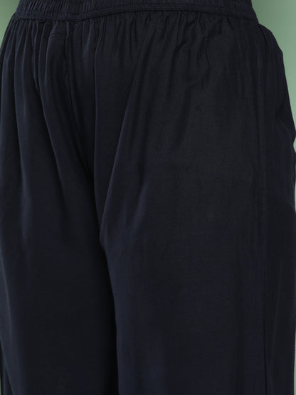 Women's Beige & Navy Blue Printed Cotton Kurta With Palazzos & Dupatta